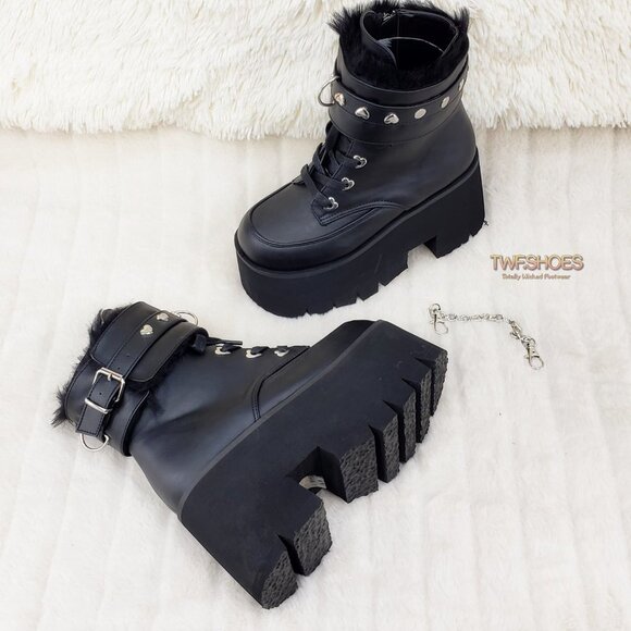 Goth Punk Platform Ankle Boots Furry Chain Cuff 57 - Picture 7 of 16